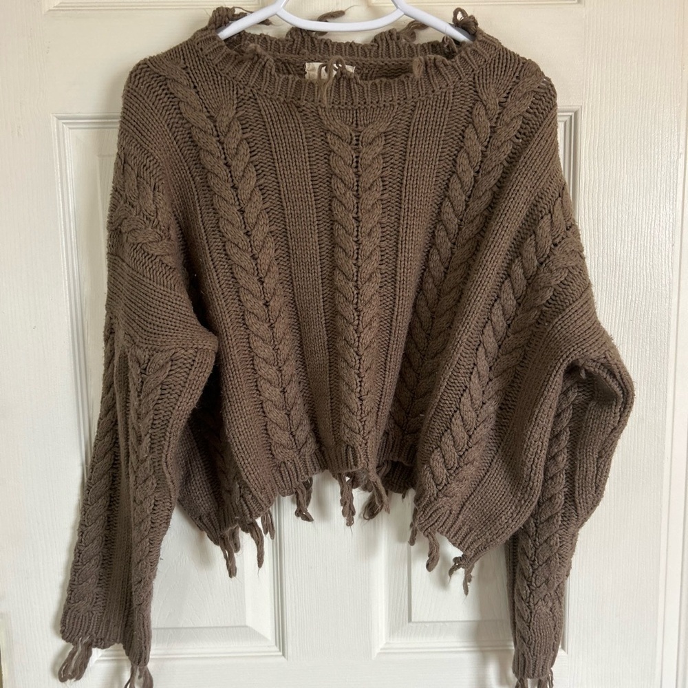 Altar'd State Brown Crew Neck Chunky Knit Sweater